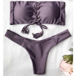 Purple Lace Up Bandeau Bikini